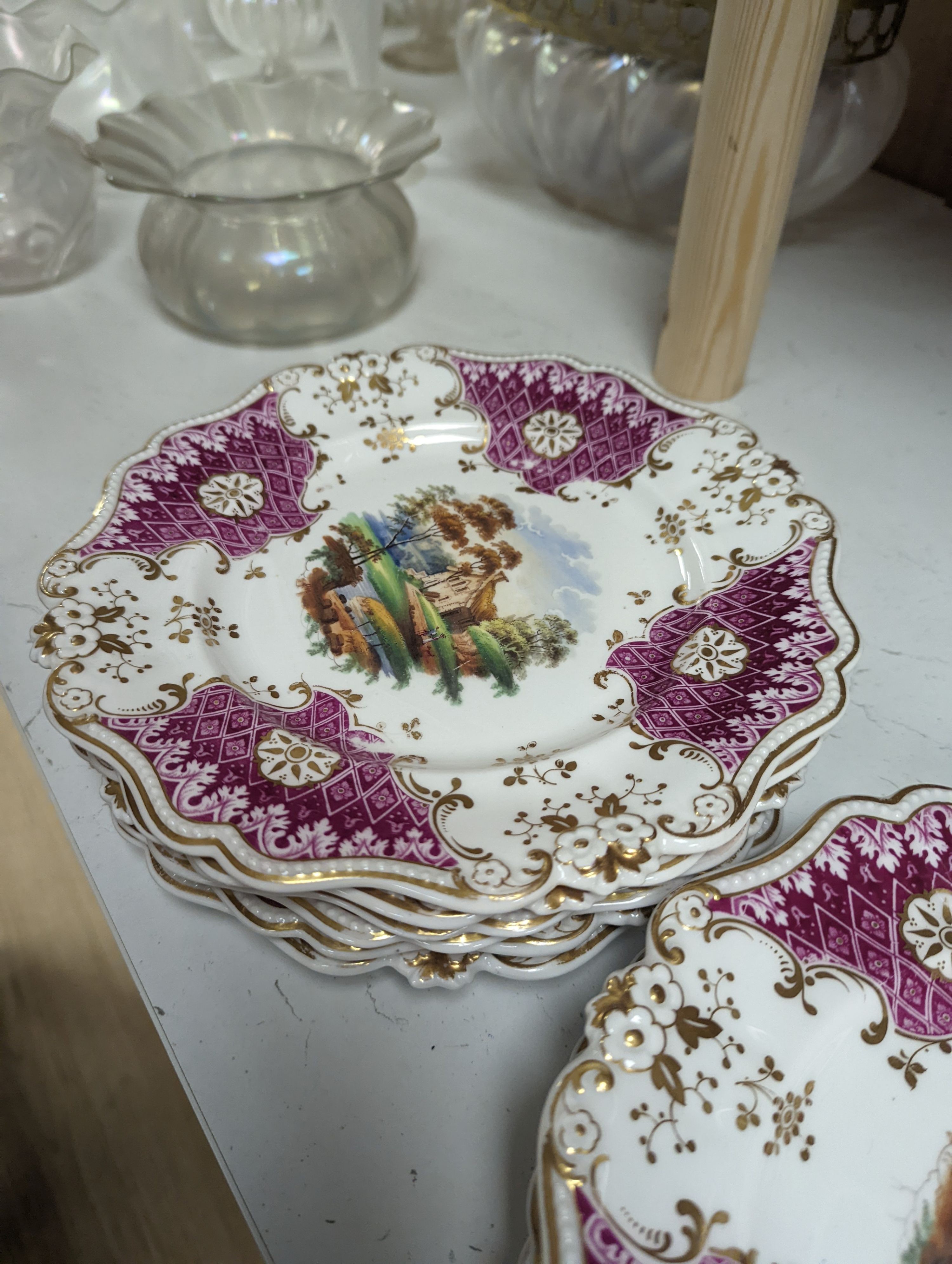 A Ridgways porcelain topographical part dessert service, c.1835, pattern number 2168, the sauce tureens and covers pattern number 2179